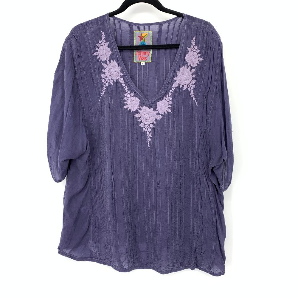 Johnny Was Womens L Blue Purple Floral Embroidered Pintuck Tunic Blouse Boho